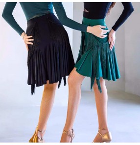 Black dark Green fringe latin dance skirts for women girls salsa rumba chacha ballroom dancing tassels skirt for female